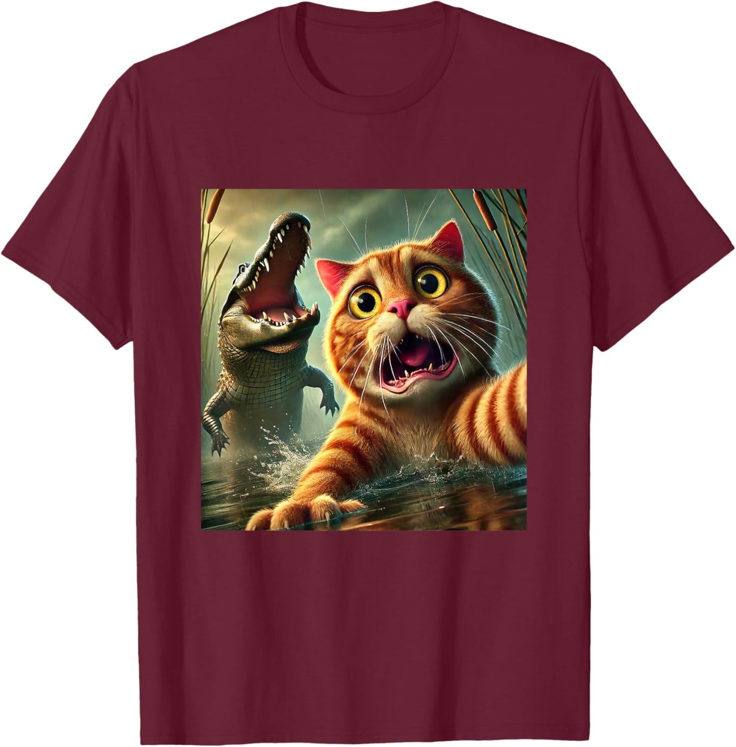 Cat Selfie With Alligator Funny Cat And Alligator T-Shirt - T-Shirt | Maroon