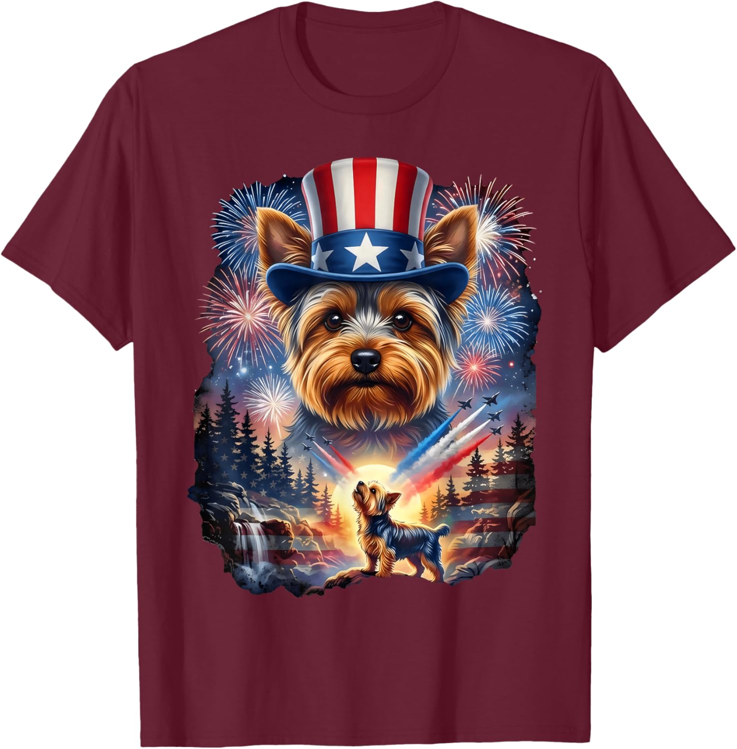 Yorkie 4th of July Yorkshire Dog US American Flag T-Shirt - T-Shirt | Maroon