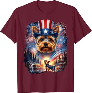 Yorkie 4th of July Yorkshire Dog US American Flag T-Shirt - T-Shirt | Maroon