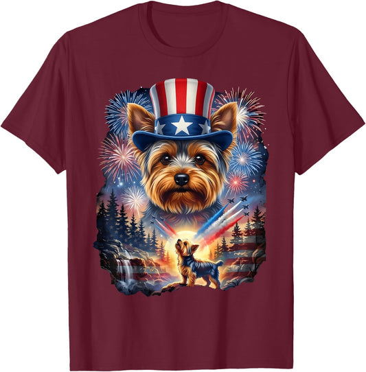 Yorkie 4th of July Yorkshire Dog US American Flag T-Shirt - T-Shirt | Maroon