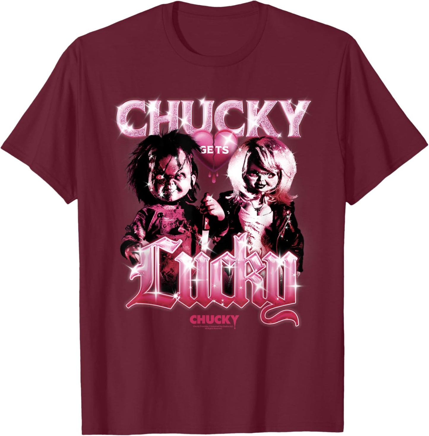 Chucky and Tiffany Gothic Love Chucky Gets Lucky T-Shirt - T-Shirt | Maroon