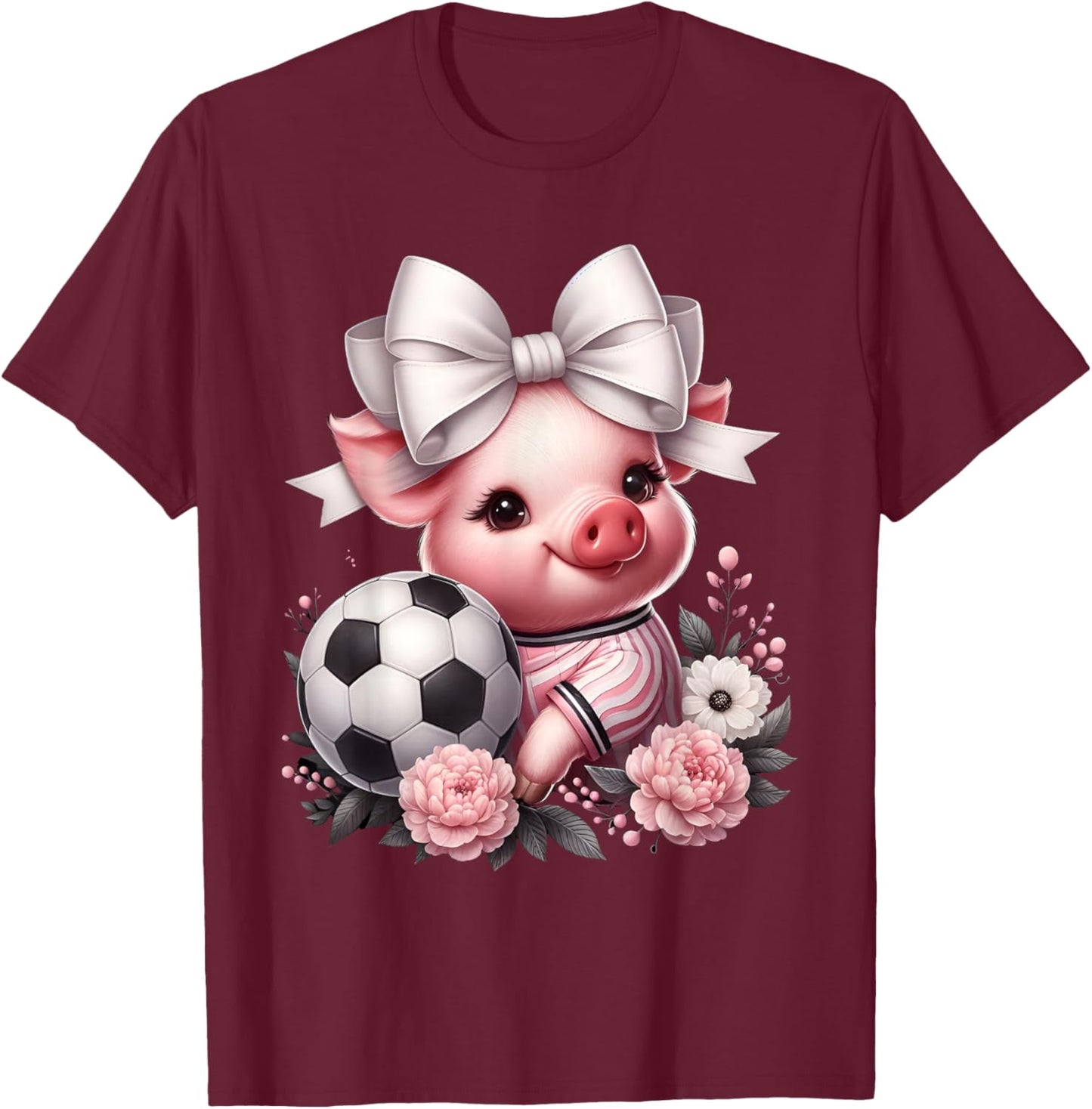 Cute Pig White Coquette Bow Soccer Pig Lover Player Sport T-Shirt - T-Shirt | Maroon