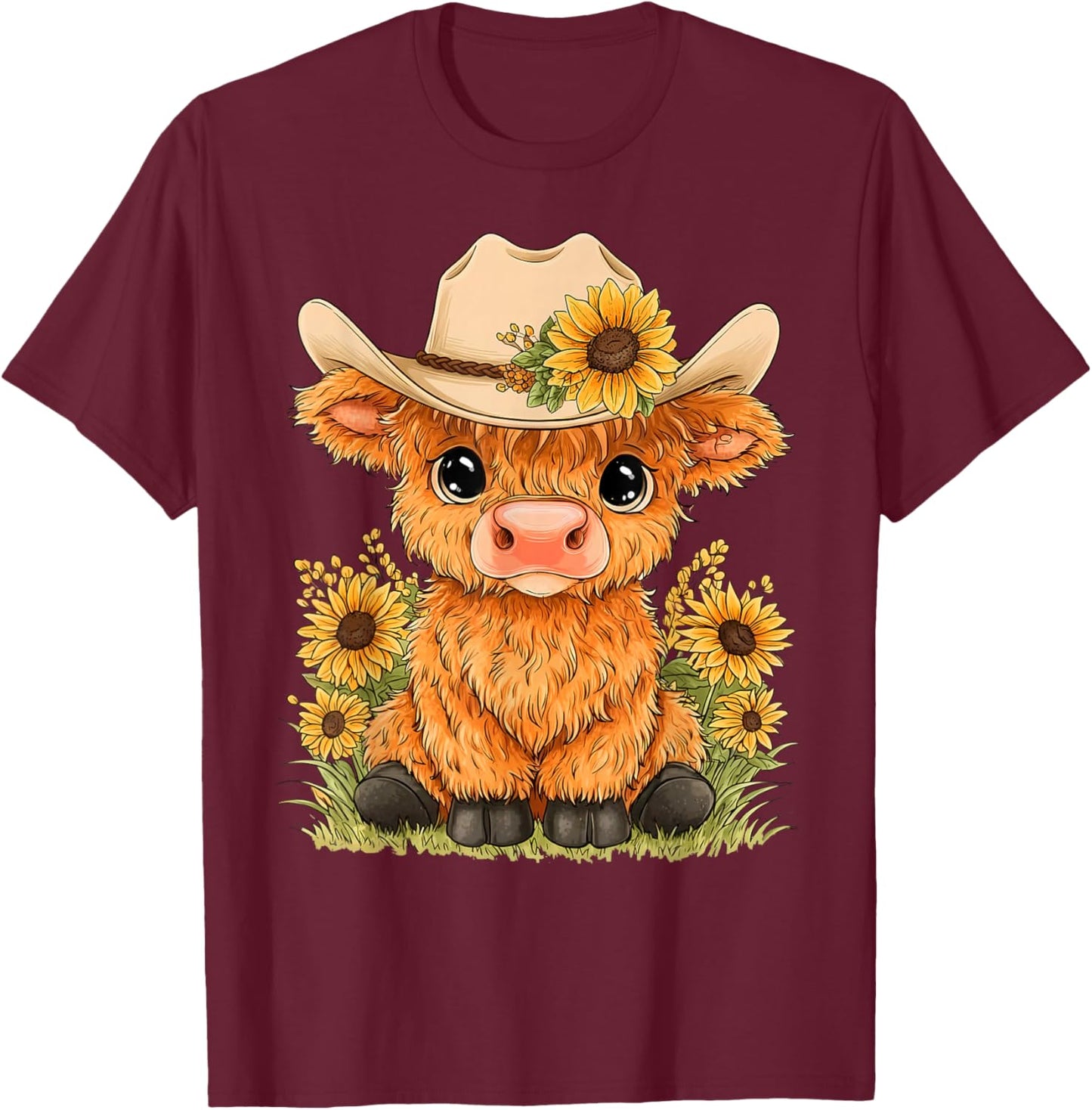 Scottish Highland Cow Farm Western Cowboy Sunflower Cowgirl T-Shirt - T-Shirt | Maroon