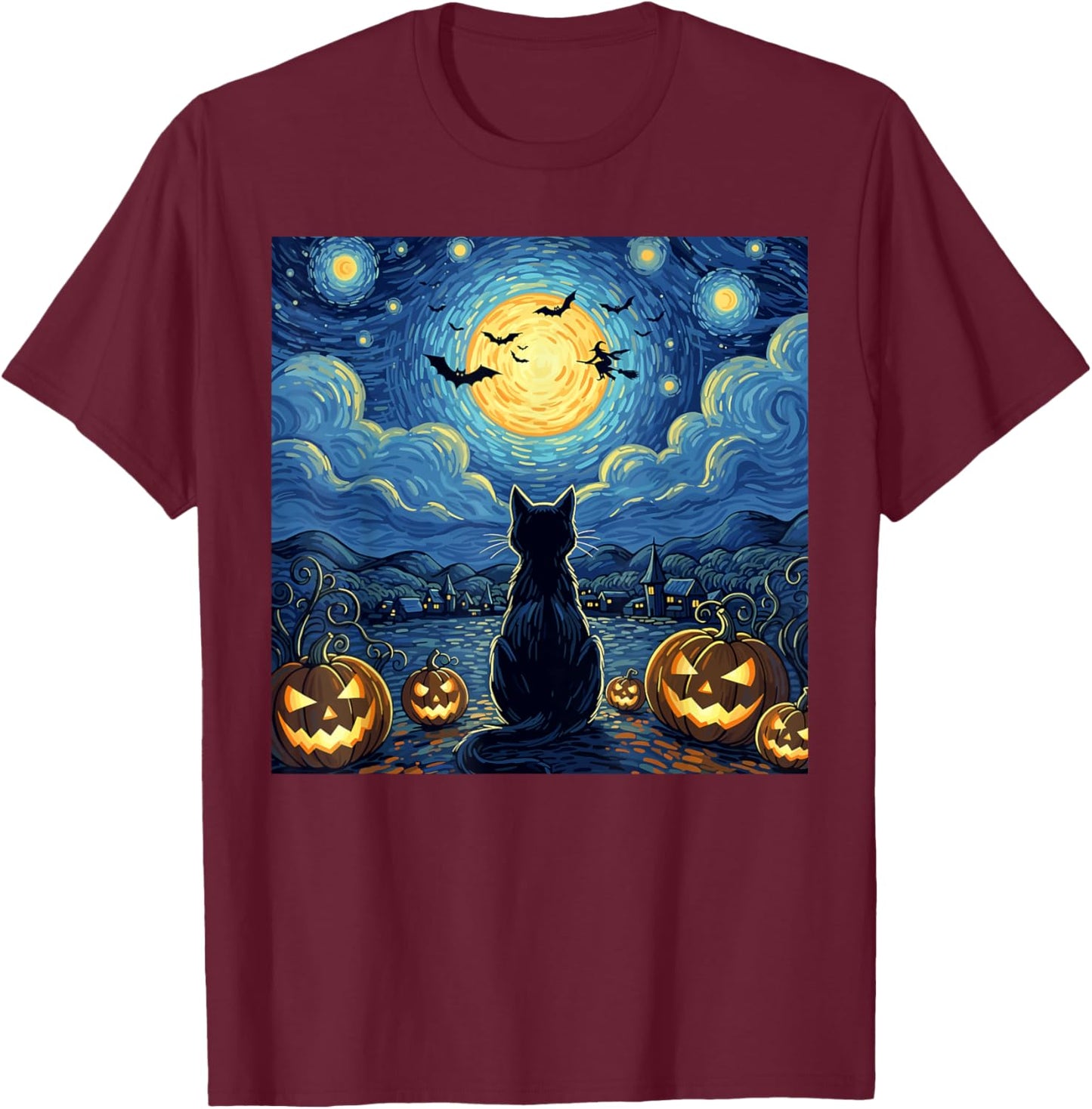 Halloween Black Cat Starry Night Witch Pumpkin Moon T-Shirt - T-Shirt | Maroon