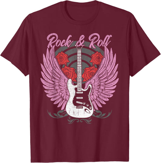 Rock and Roll Guitar Vintage ROCK Women Music T-Shirt - T-Shirt | Maroon