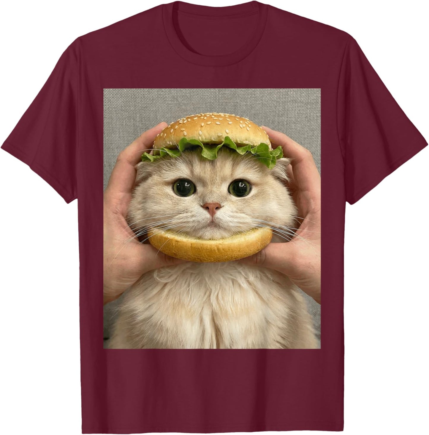 Cat Hamburger Bun Cute Funny Food Meme Fluffy Adorable T-Shirt - T-Shirt | Maroon