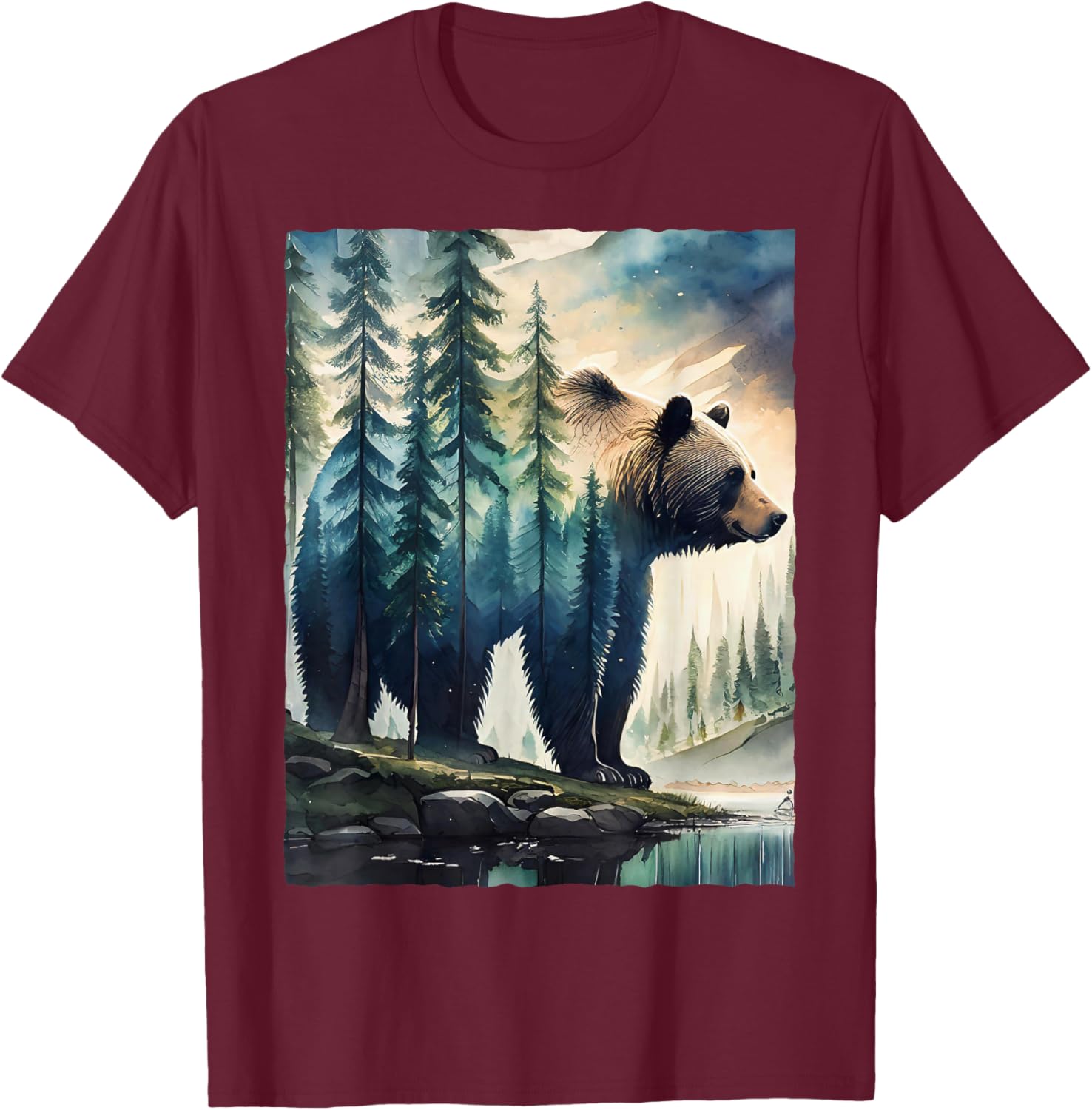Bear and Forest Nature T-Shirt - T-Shirt | Maroon