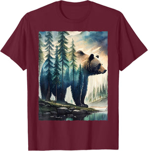 Bear and Forest Nature T-Shirt - T-Shirt | Maroon