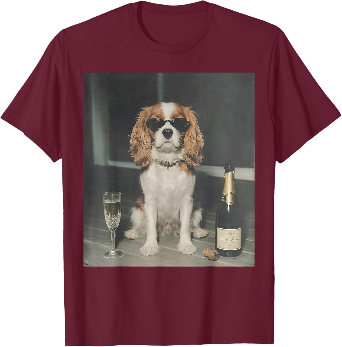 Cavalier King Charles Drinking Champagne Funny Dog Meme T-Shirt - T-Shirt | Maroon