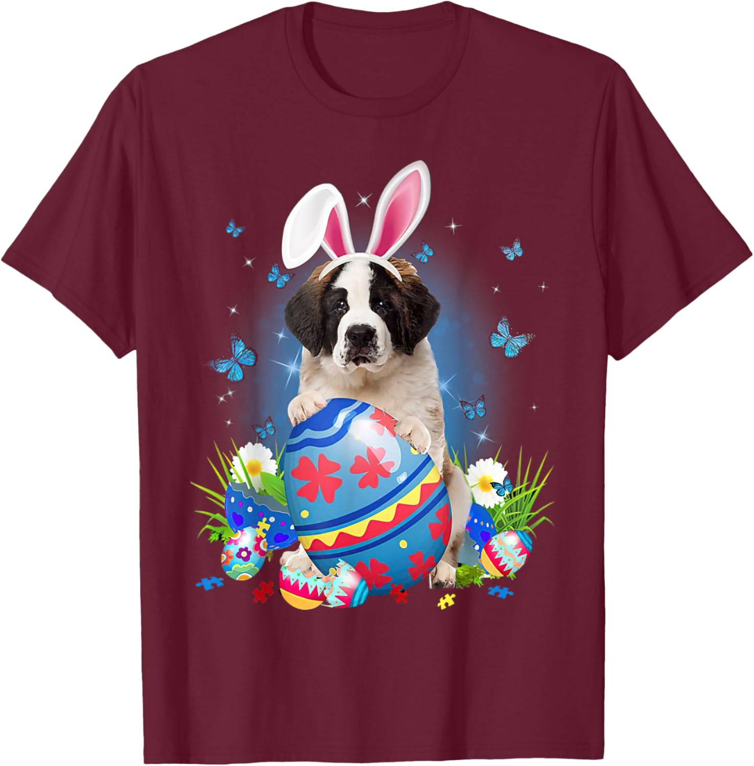 Easter Cute Saint Bernard Dog Lover Bunny Eggs Easter T-Shirt - T-Shirt | Maroon