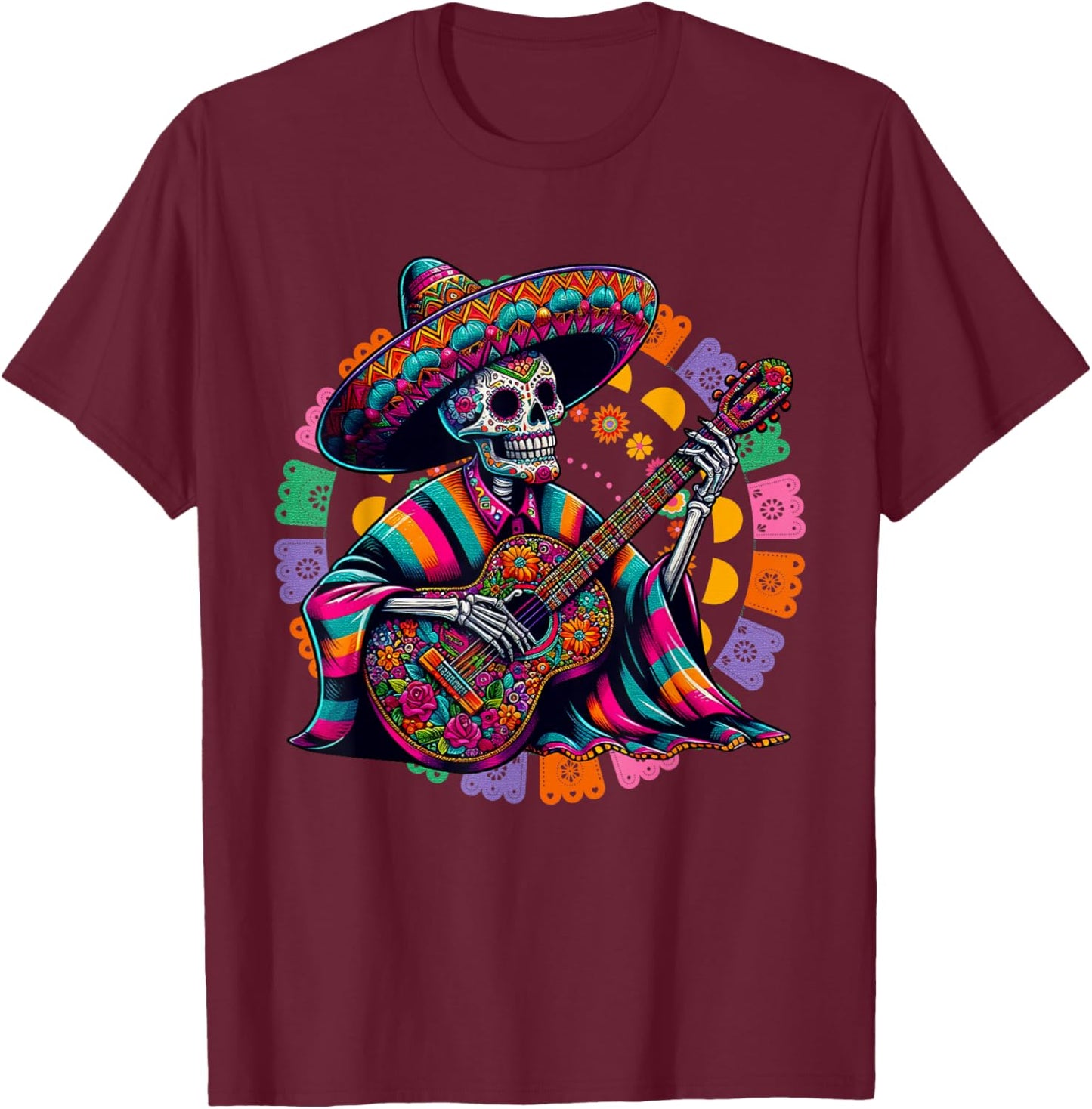 Dia De Los Muertos Skeleton playing guitar Sugar Skull Funny T-Shirt - T-Shirt | Maroon