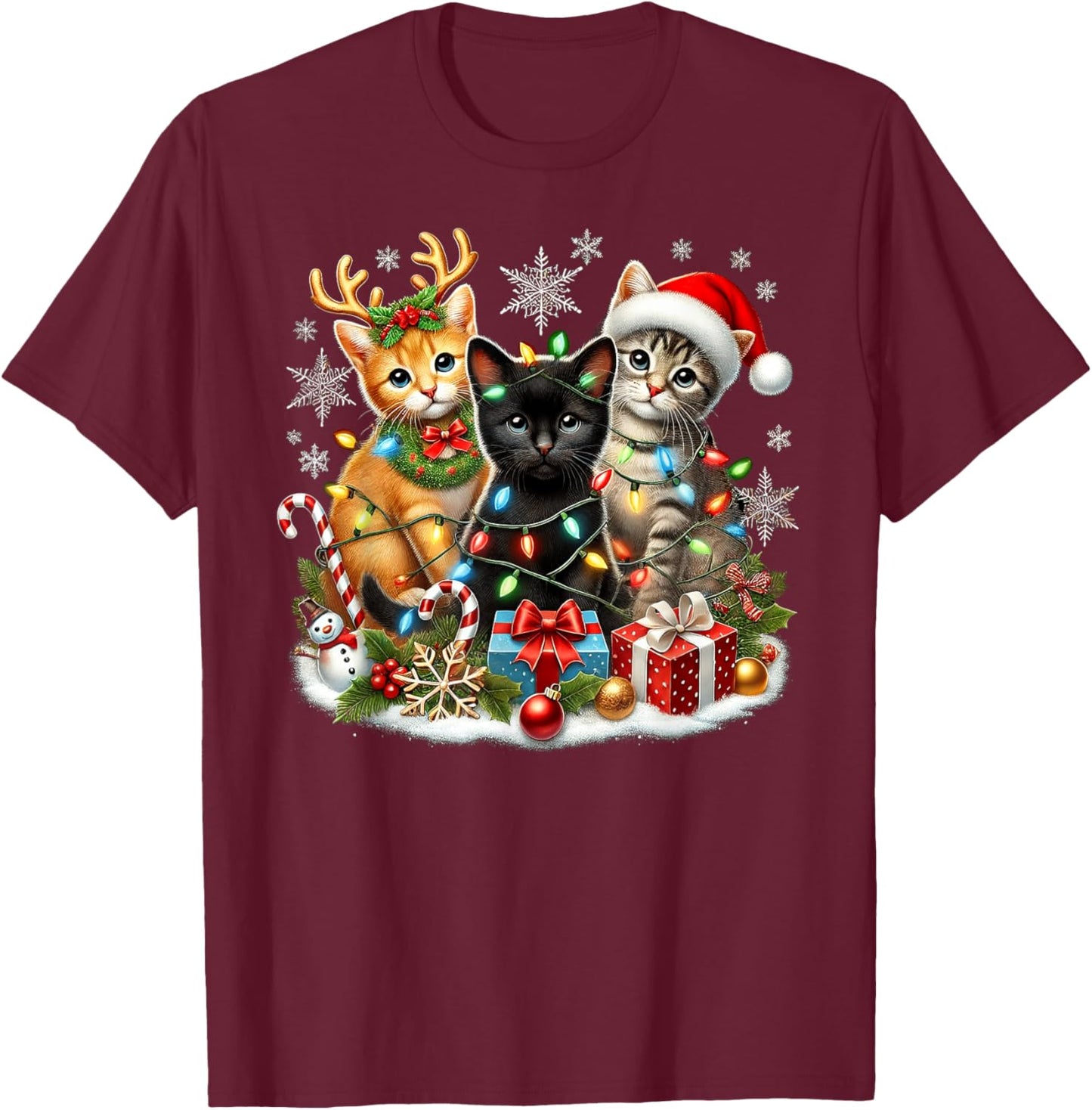 Merry Christmas Baby Cats Presents Snowflake Santa Claus T-Shirt - T-Shirt | Maroon