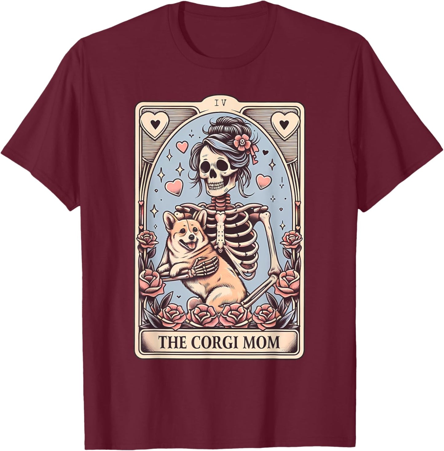 Corgi Dog Valentine's Day Skeleton Tarot Card Corgi Owner T-Shirt - T-Shirt | Maroon