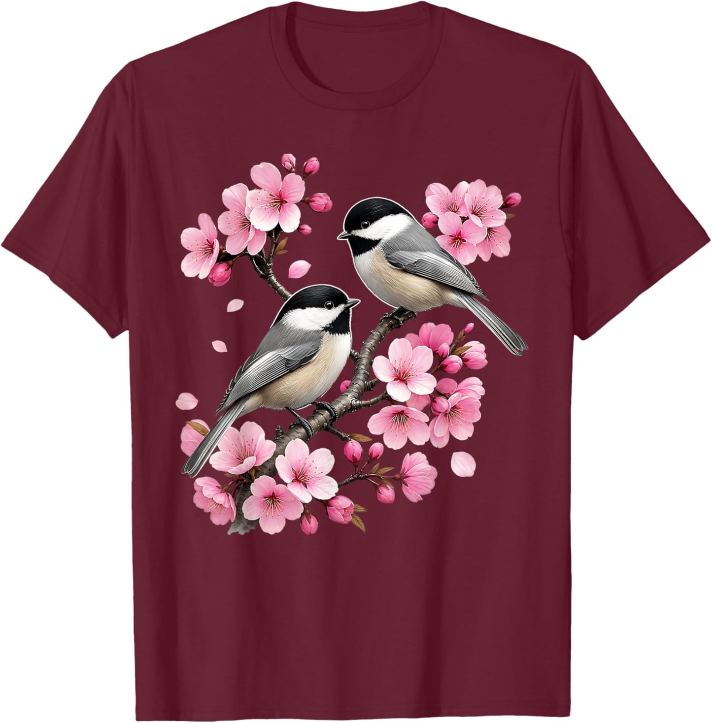 Black Capped Chickadee Cherry Blossom Floral Bird Watching T-Shirt - T-Shirt | Maroon