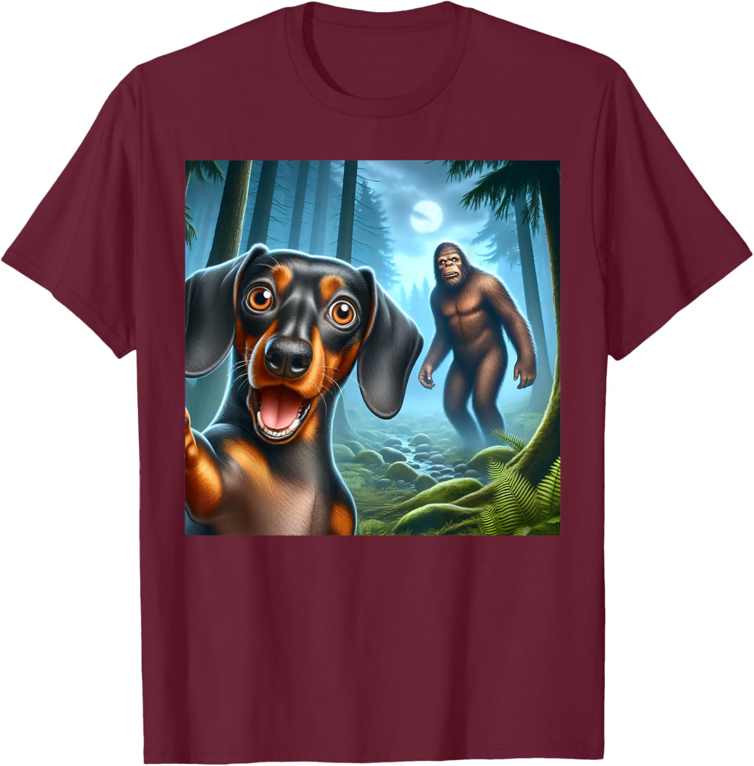 Dachshund Selfie with bigfoot sasquatch T-Shirt - T-Shirt | Maroon
