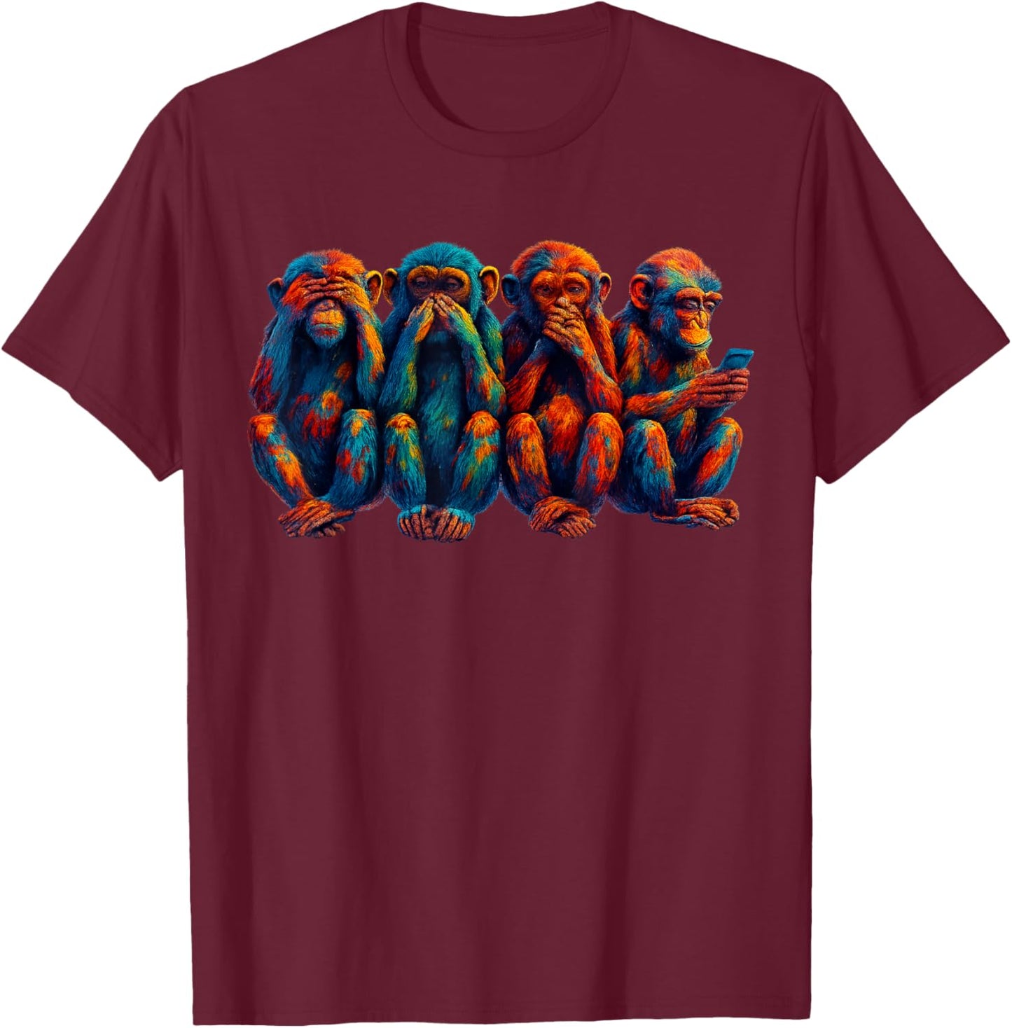 Three Wisdom Monkeys Use A Smartphone. Funny Four Wise Monkeys T-Shirt - T-Shirt | Maroon