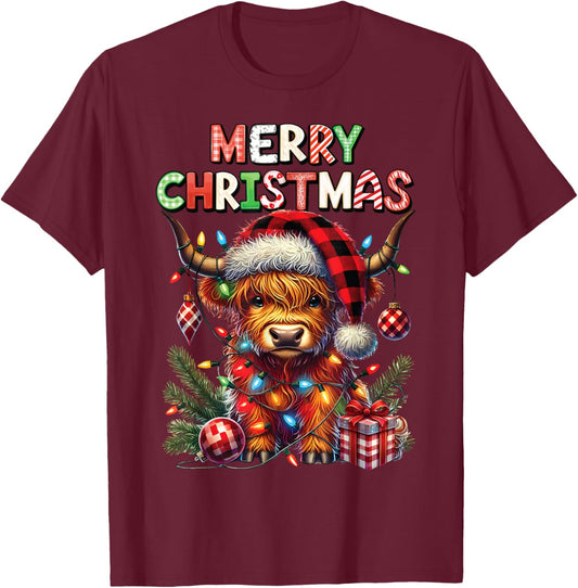 Merry Christmas Scottish Highland Cow Xmas Farm Animal Lover T-Shirt - T-Shirt | Maroon