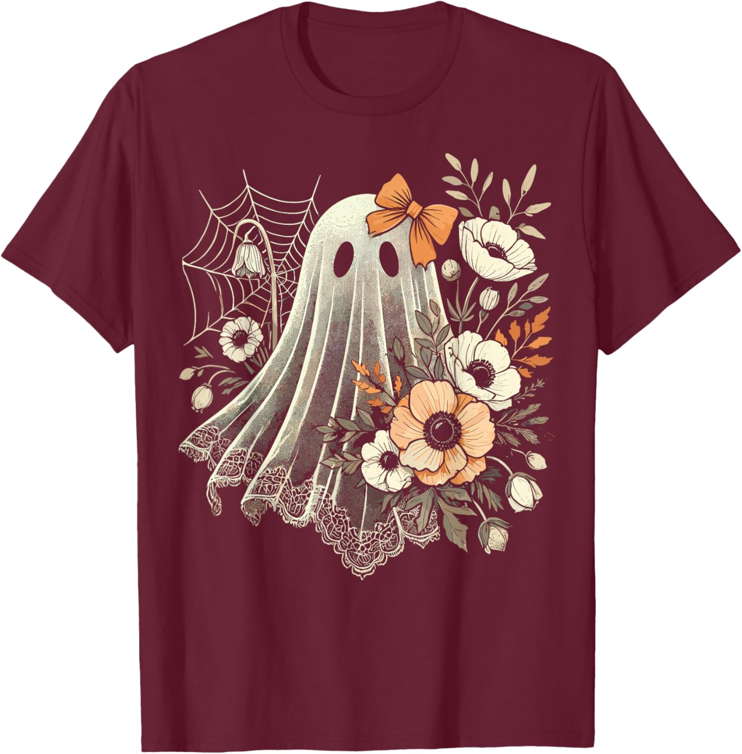 Halloween Ghost with Flowers Vintage T-Shirt - T-Shirt | Maroon