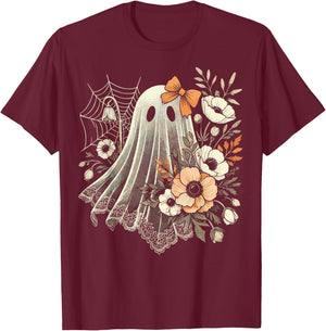 Halloween Ghost with Flowers Vintage T-Shirt - T-Shirt | Maroon