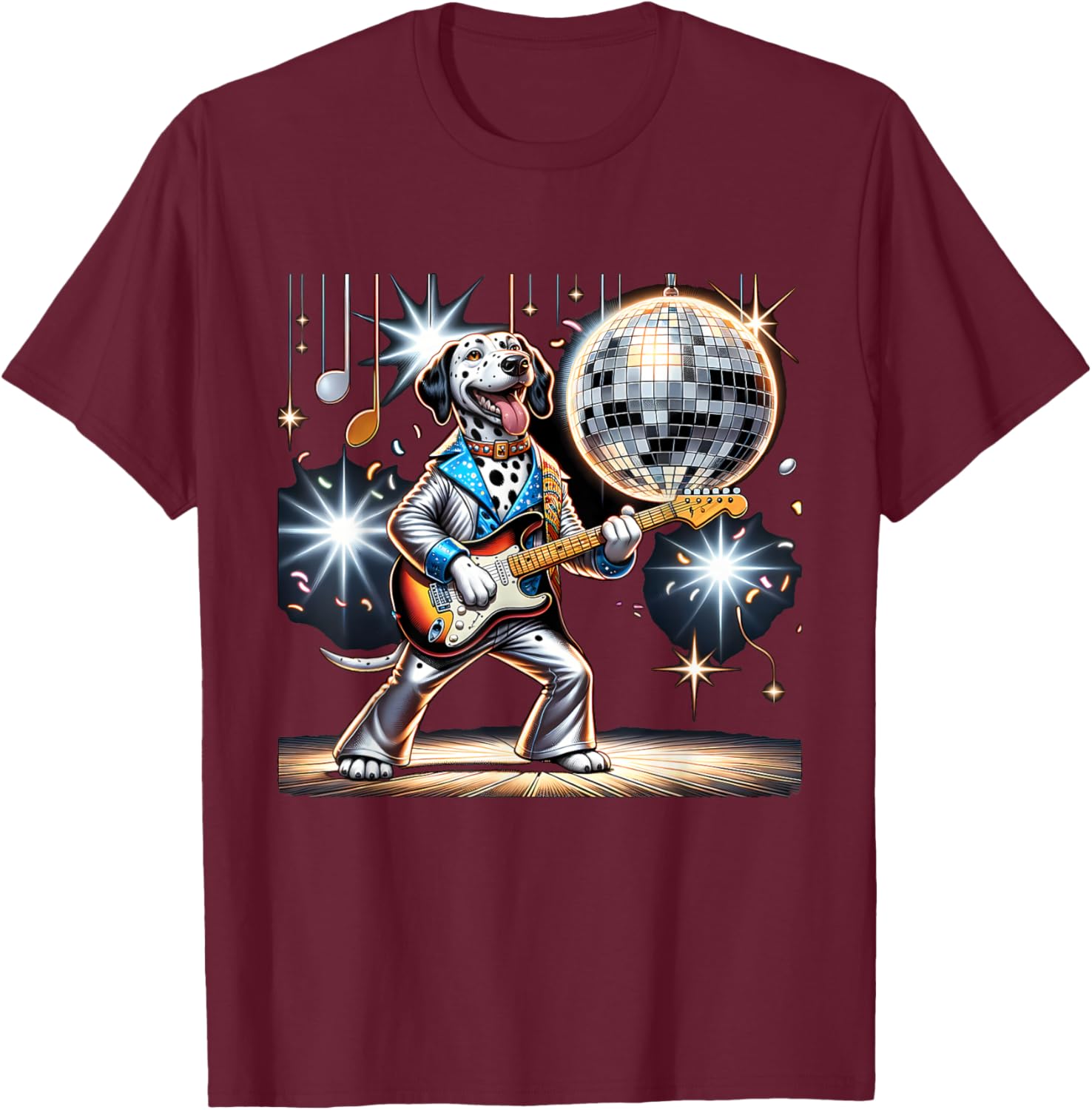 Disco Ball Guitar Dalmatian Dog T-Shirt - T-Shirt | Maroon