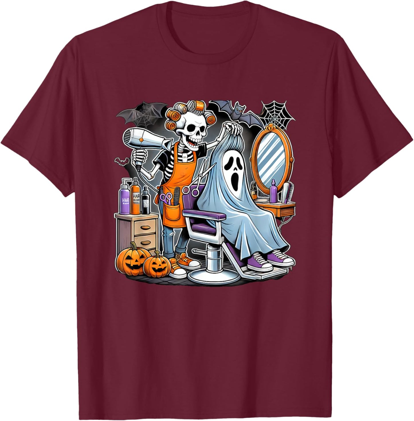 Halloween Skeleton Hairdresser Hairstylist T-Shirt - T-Shirt | Maroon