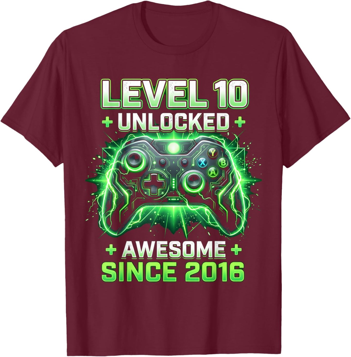 Level 10 Unlocked Awesome Since 2016 10th Birthday Boy Gamer T-Shirt - T-Shirt | Maroon