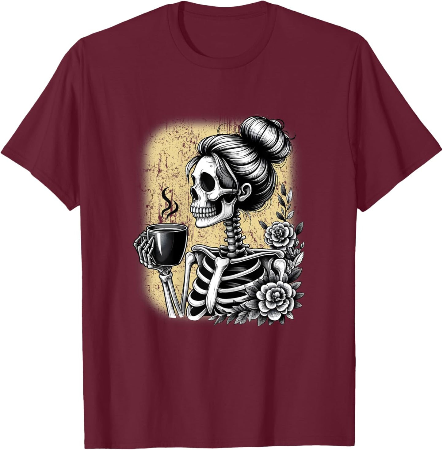 Messy Bun Skeleton Drinking Coffee Vintage Halloween Funny T-Shirt - T-Shirt | Maroon