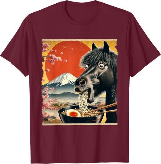 Funny Horse Eating Ramen Noodles Vintage Kawaii T-Shirt - T-Shirt | Maroon