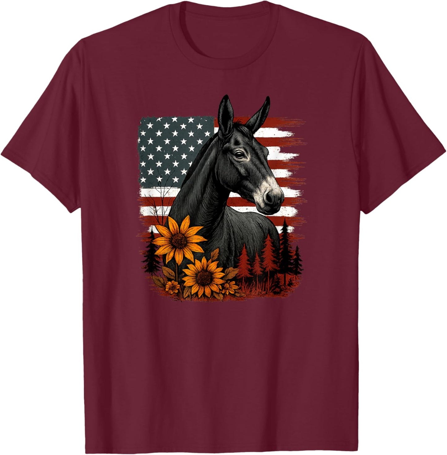 Funny Mule Shirt Patriotic USA American Flag with Sunflowers T-Shirt - T-Shirt | Maroon