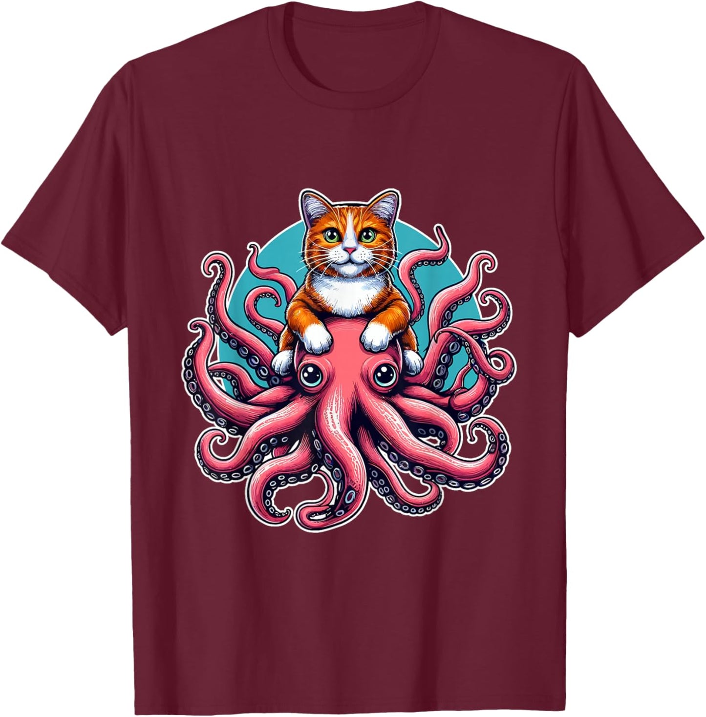 Cat Riding Octopus Shirt Funny Sea Animal Pet Kitten Lover Women Kids T-Shirt - T-Shirt | Maroon