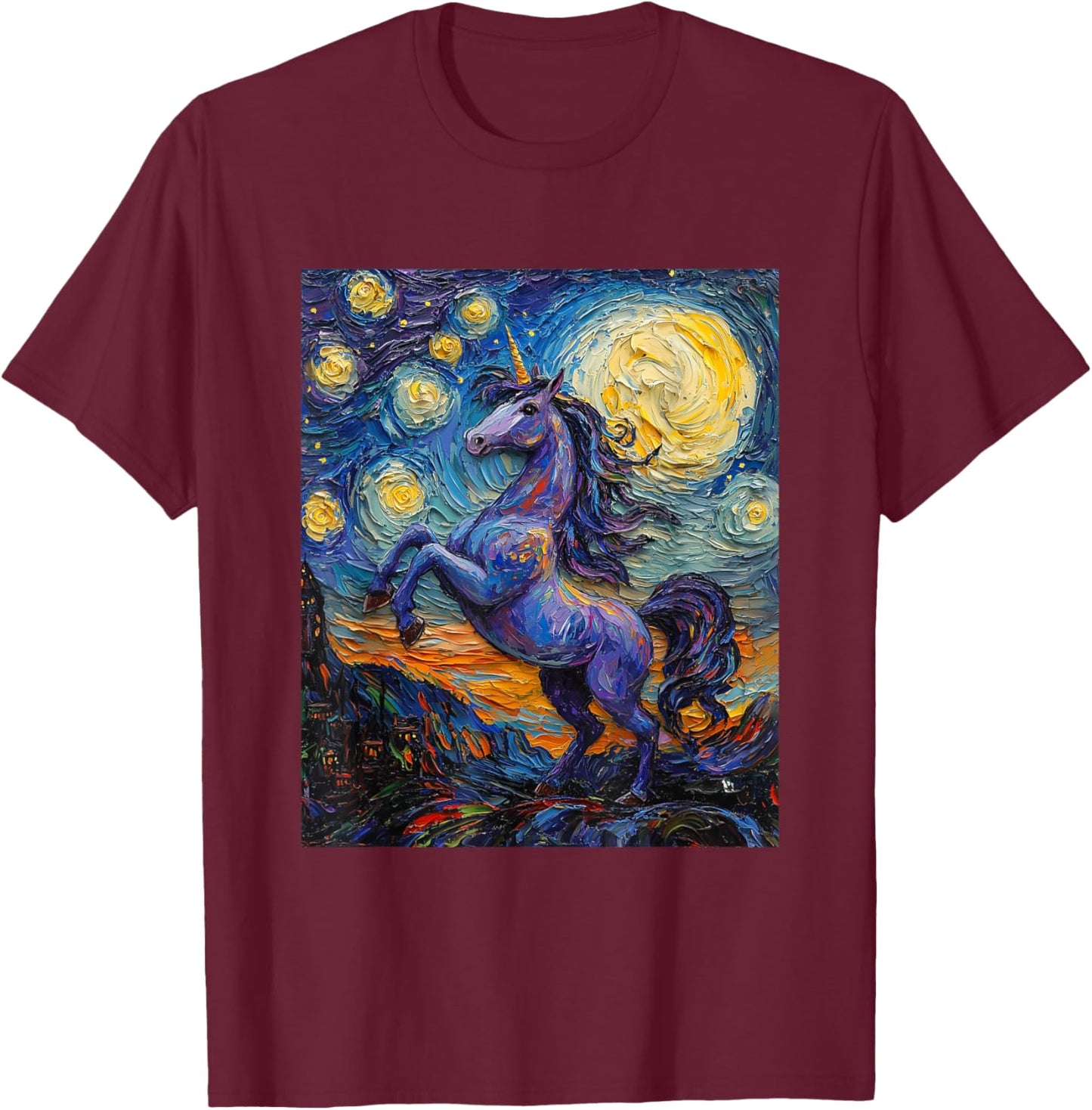 Cute Unicorn - Van Gogh Style - Starry Night T-Shirt - T-Shirt | Maroon