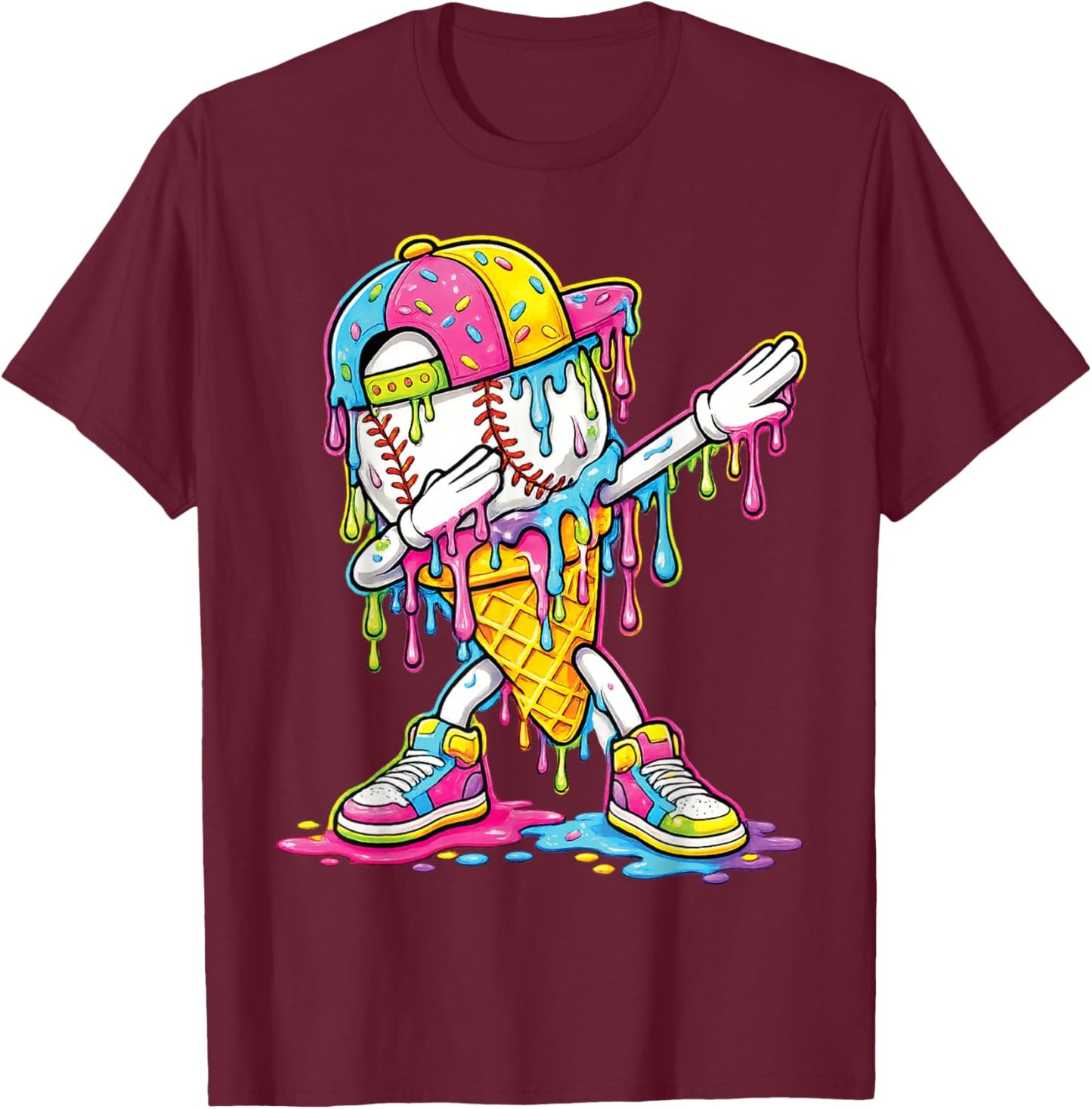 Baseball Dabbing Drip Ice Cream Apparel Youth Boys Kid T-Shirt - T-Shirt | Maroon
