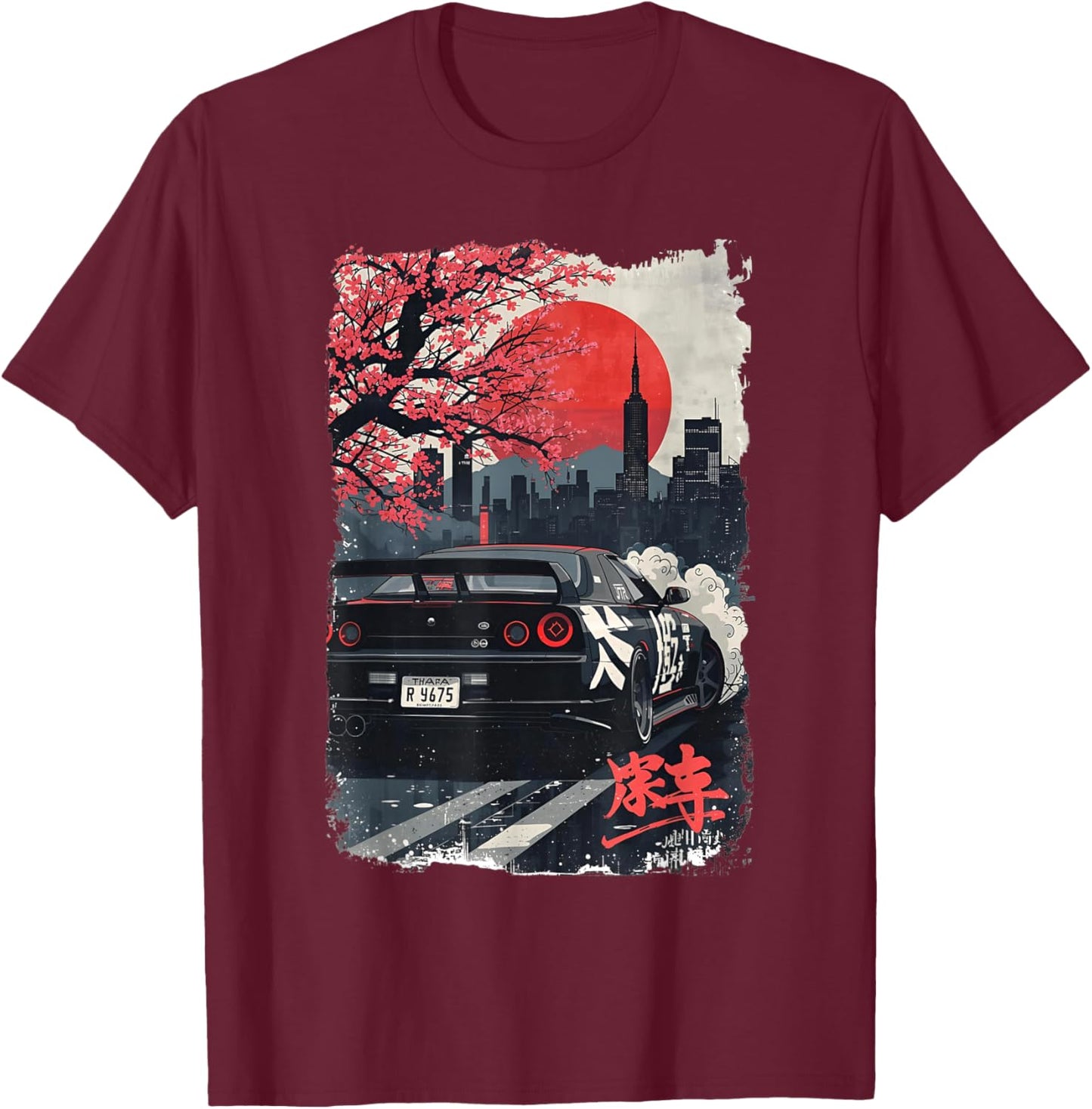 Distress JDM Drift-Rennwagen, Japanisches Sakura-Blütenkunstwerk T-Shirt - T-Shirt | Maroon