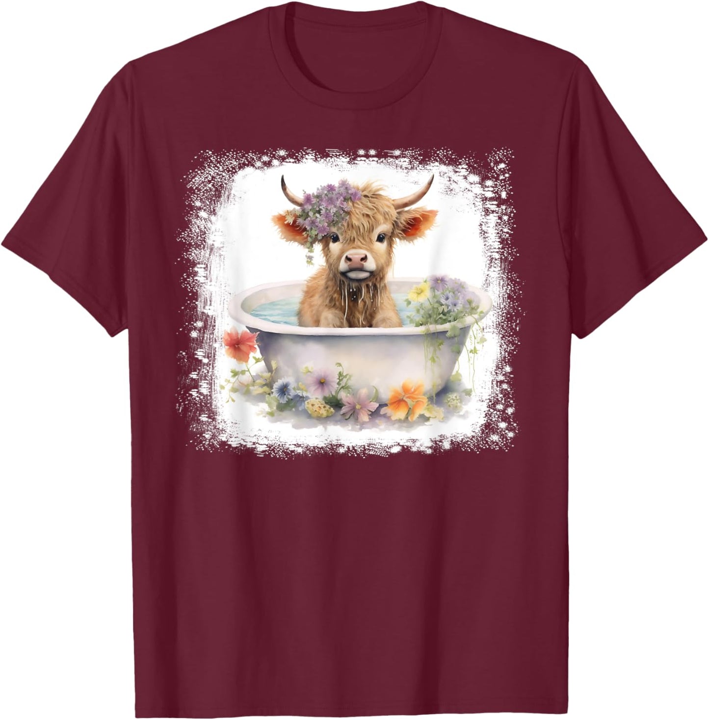 Baby Highland Cow In Bathtub Floral Flowers Women Girls T-Shirt - T-Shirt | Maroon
