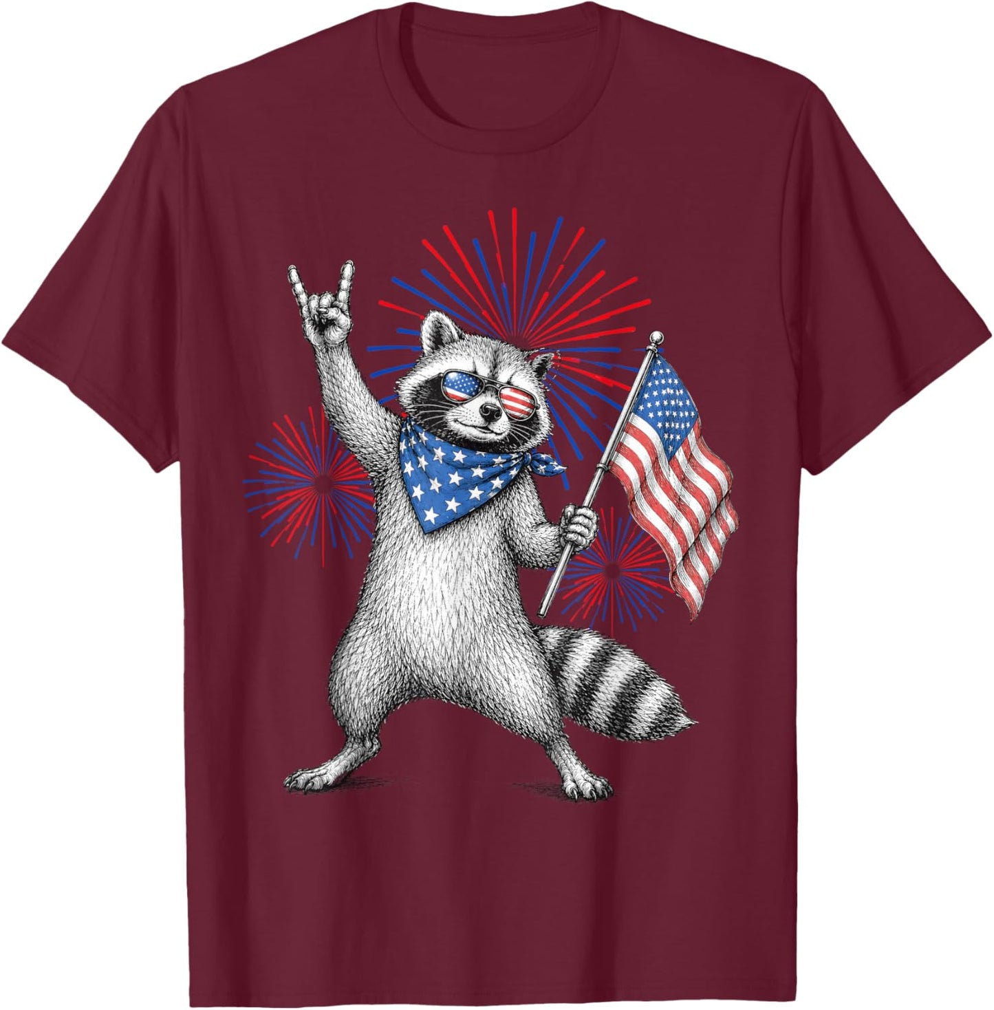 USA Flag Patriotic Raccoon Funny 4th of July Men Women Kids T-Shirt - T-Shirt | Maroon