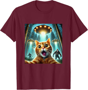 Cat Selfie With Bigfoot And Alien UFO Funny T-Shirt - T-Shirt | Maroon