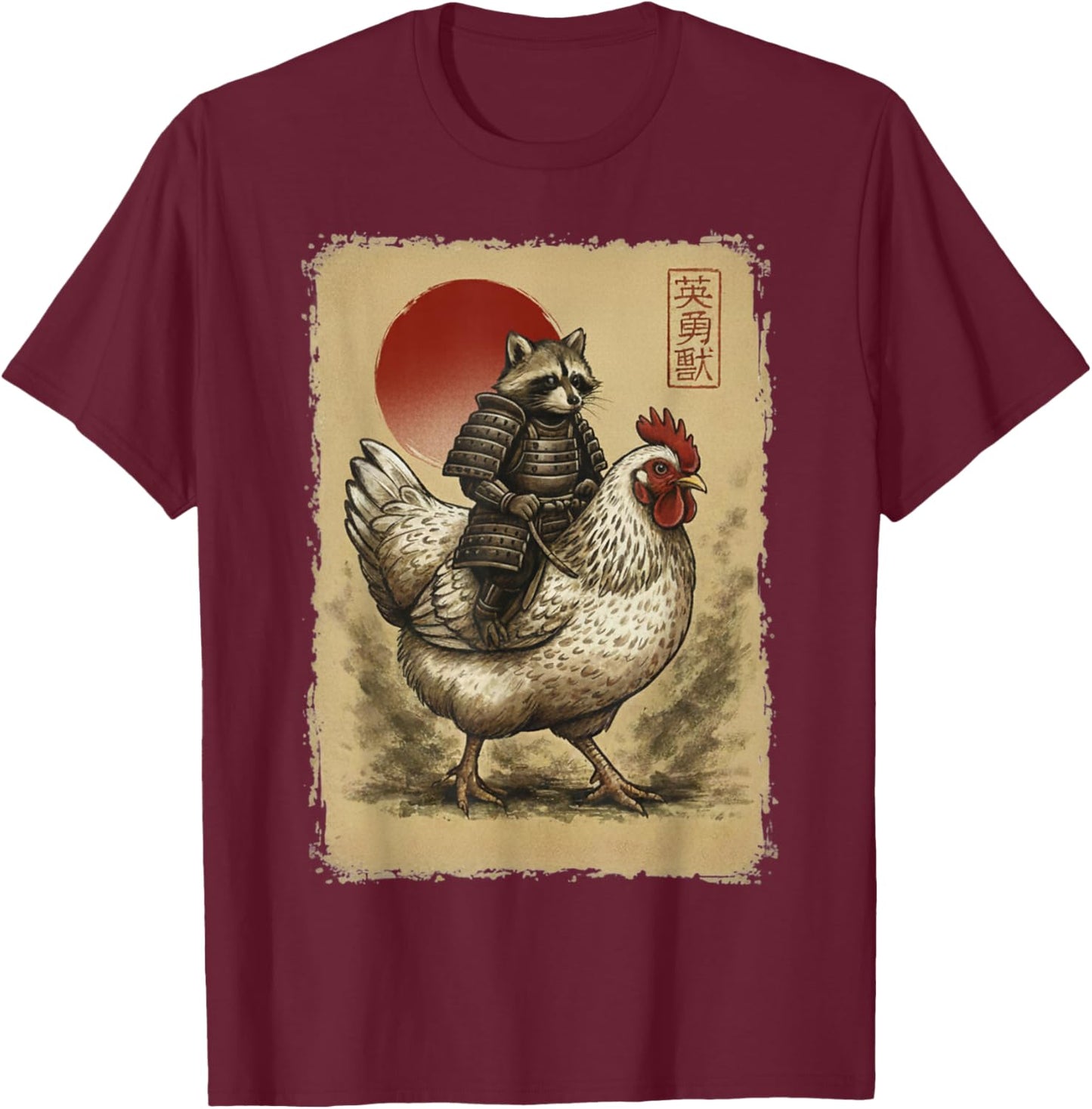 Funny Vintage Samurai Raccoon Riding Chicken Japanese Art T-Shirt - T-Shirt | Maroon