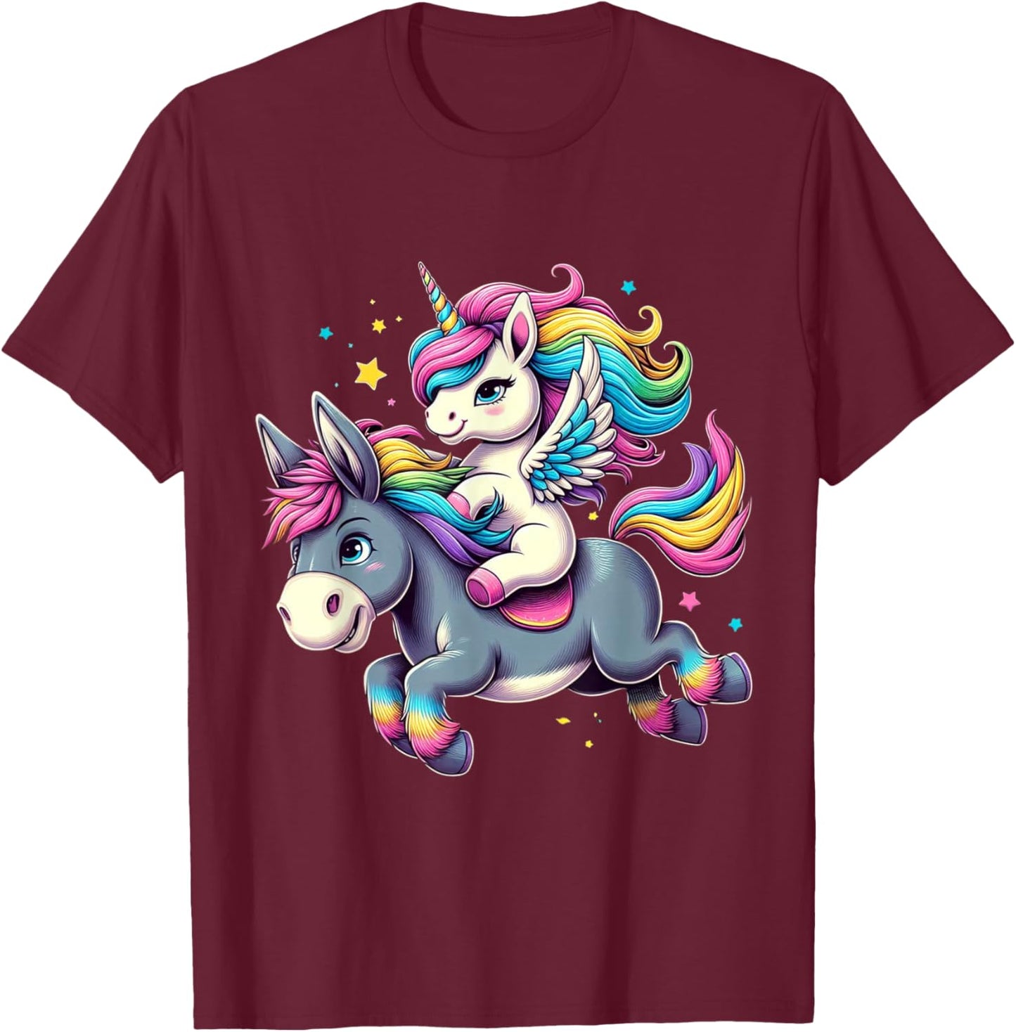 Unicorn Riding Donkey Boys Girls Men Women Kids Rainbow T-Shirt - T-Shirt | Maroon