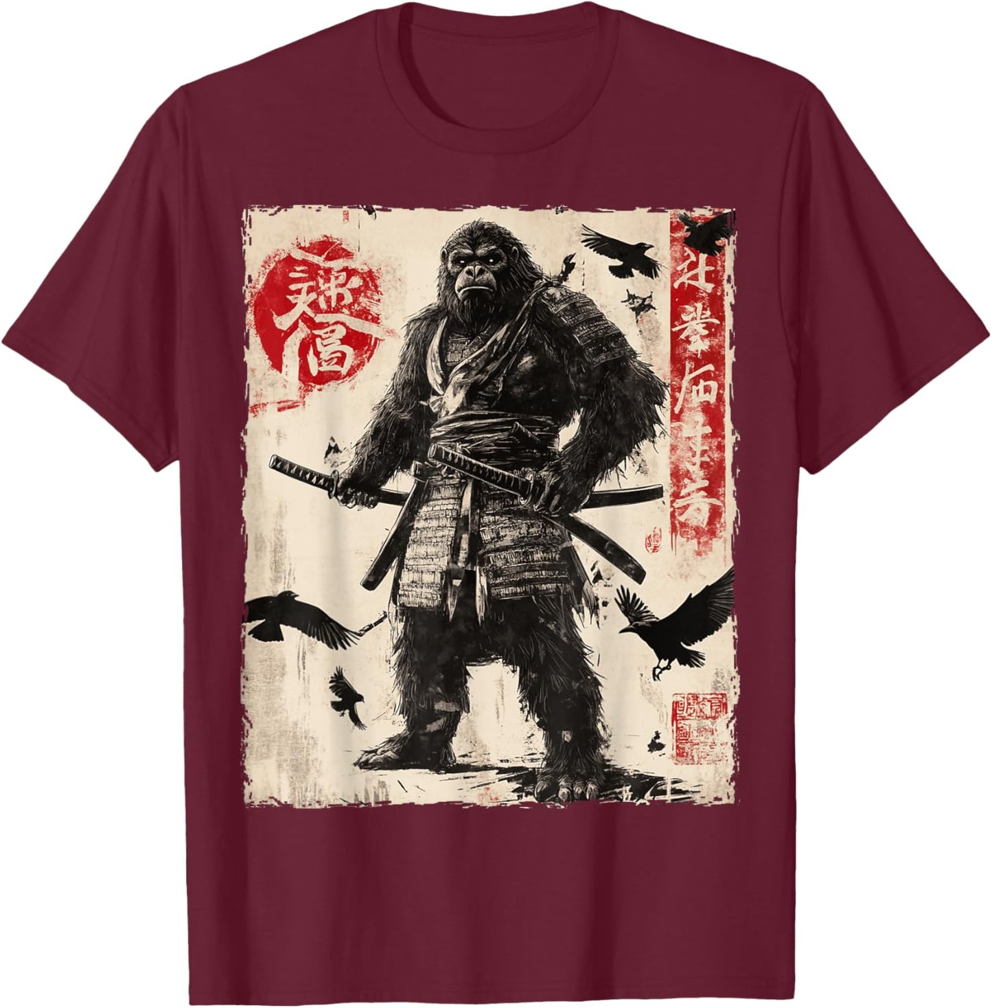 Bigfoot Sasquatch Samurai Graphic Japanese Warrior Anime T-Shirt - T-Shirt | Maroon