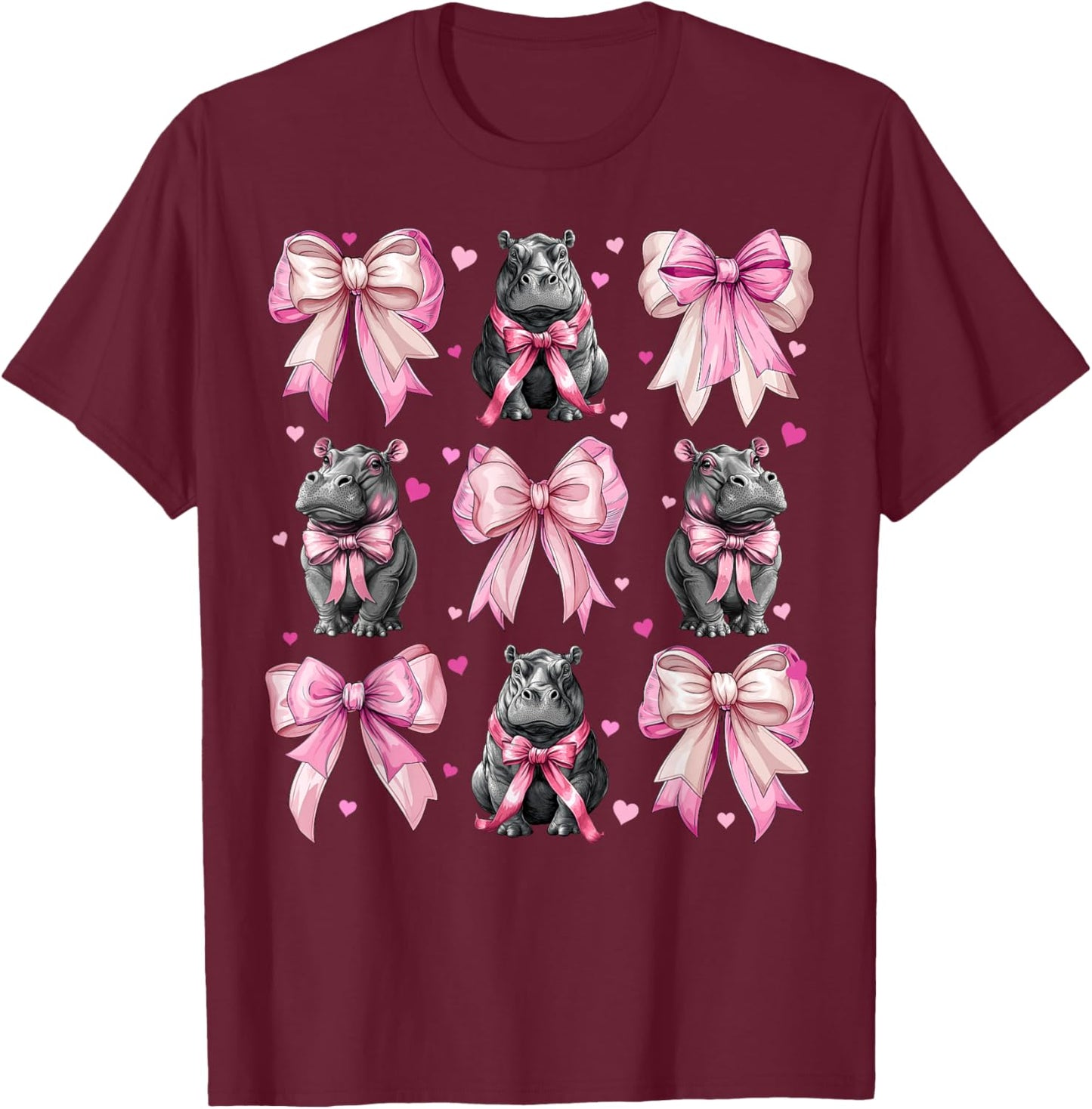 Coquette Bow Hippo Hippopotamus Blushing Girl Mom Pink T-Shirt - T-Shirt | Maroon