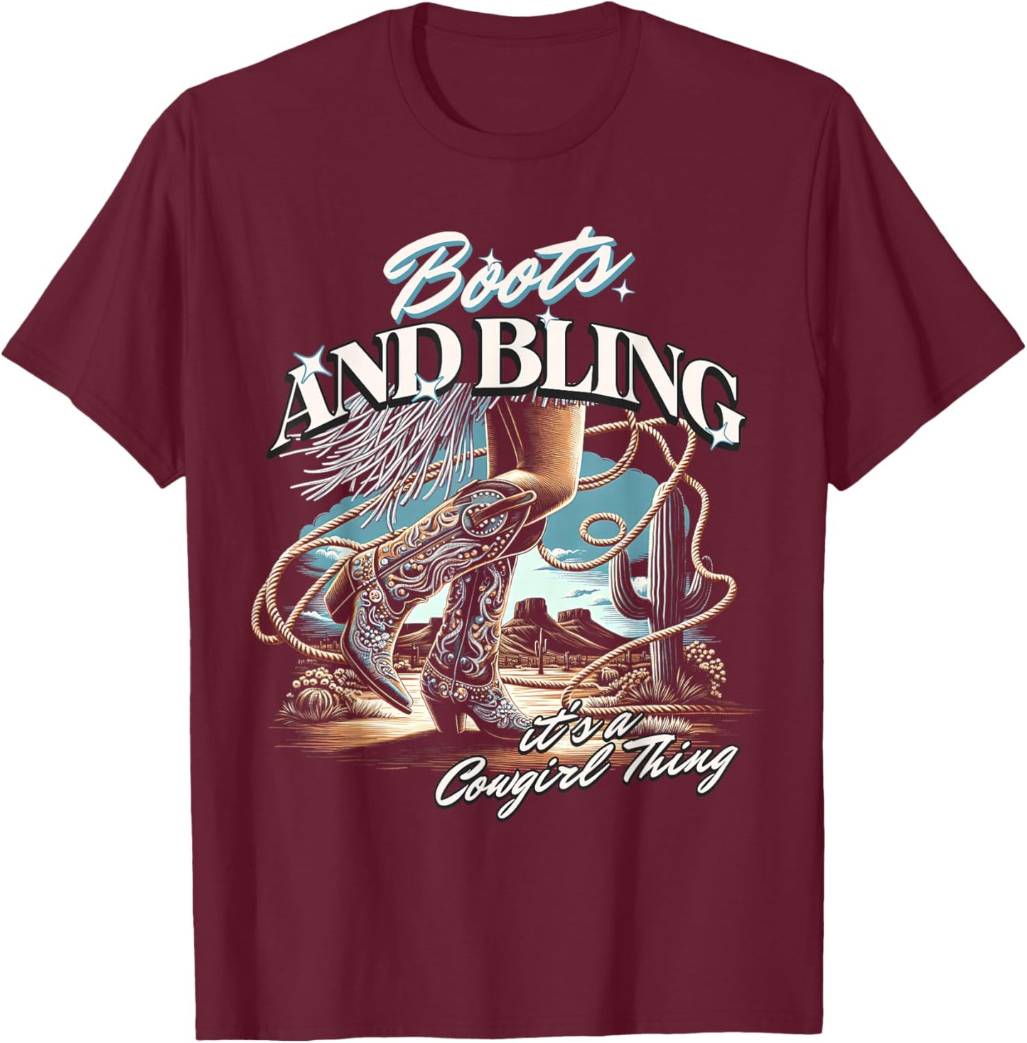 Boots & Bling its a Cowgirl Thing Cowgirl Melanin Rodeo T-Shirt - T-Shirt | Maroon