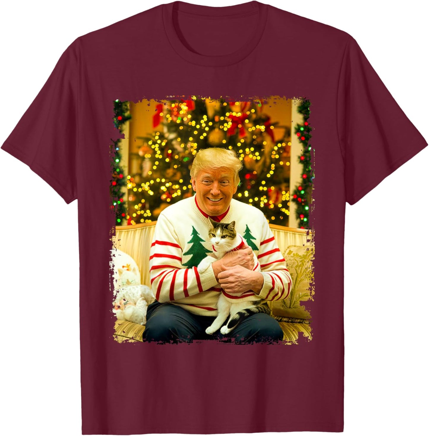 Funny Trump Christmas Sweater for Cat Lovers Xmas Pajamas T-Shirt - T-Shirt | Maroon