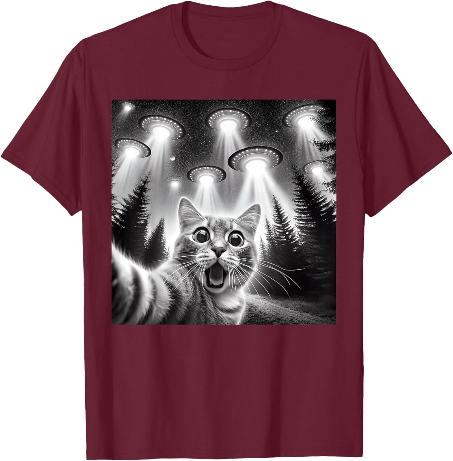 Cat Selfie With Alien UFO Funny Cat Gifts Women Kids T-Shirt - T-Shirt | Maroon