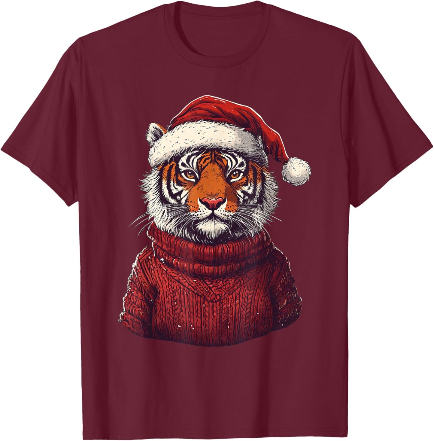 Tiger Ugly Sweater Santa Hat Christmas T-Shirt - T-Shirt | Maroon