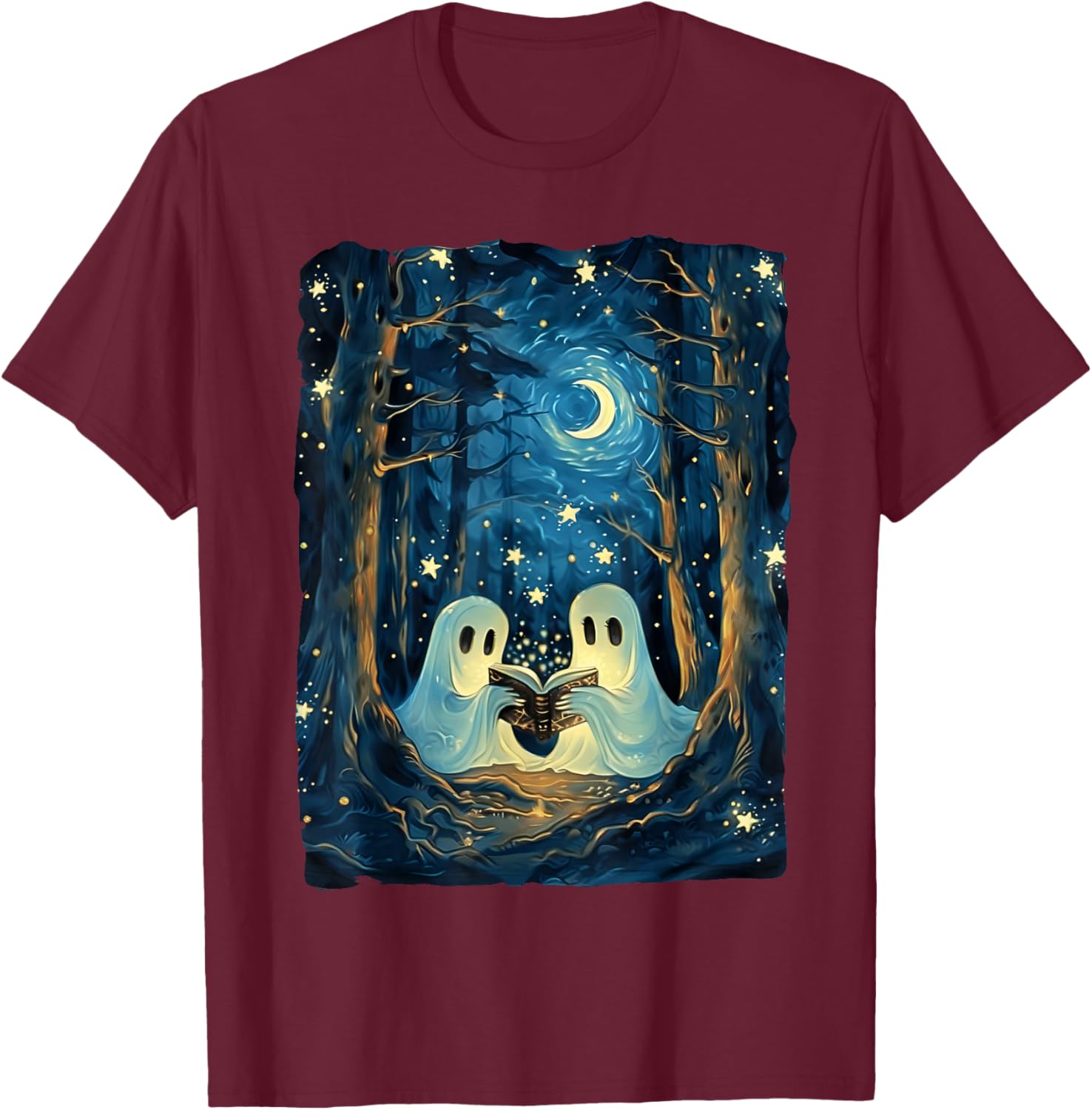 Starry Night Ghost Book Reading Camping Halloween Van Gogh T-Shirt - T-Shirt | Maroon