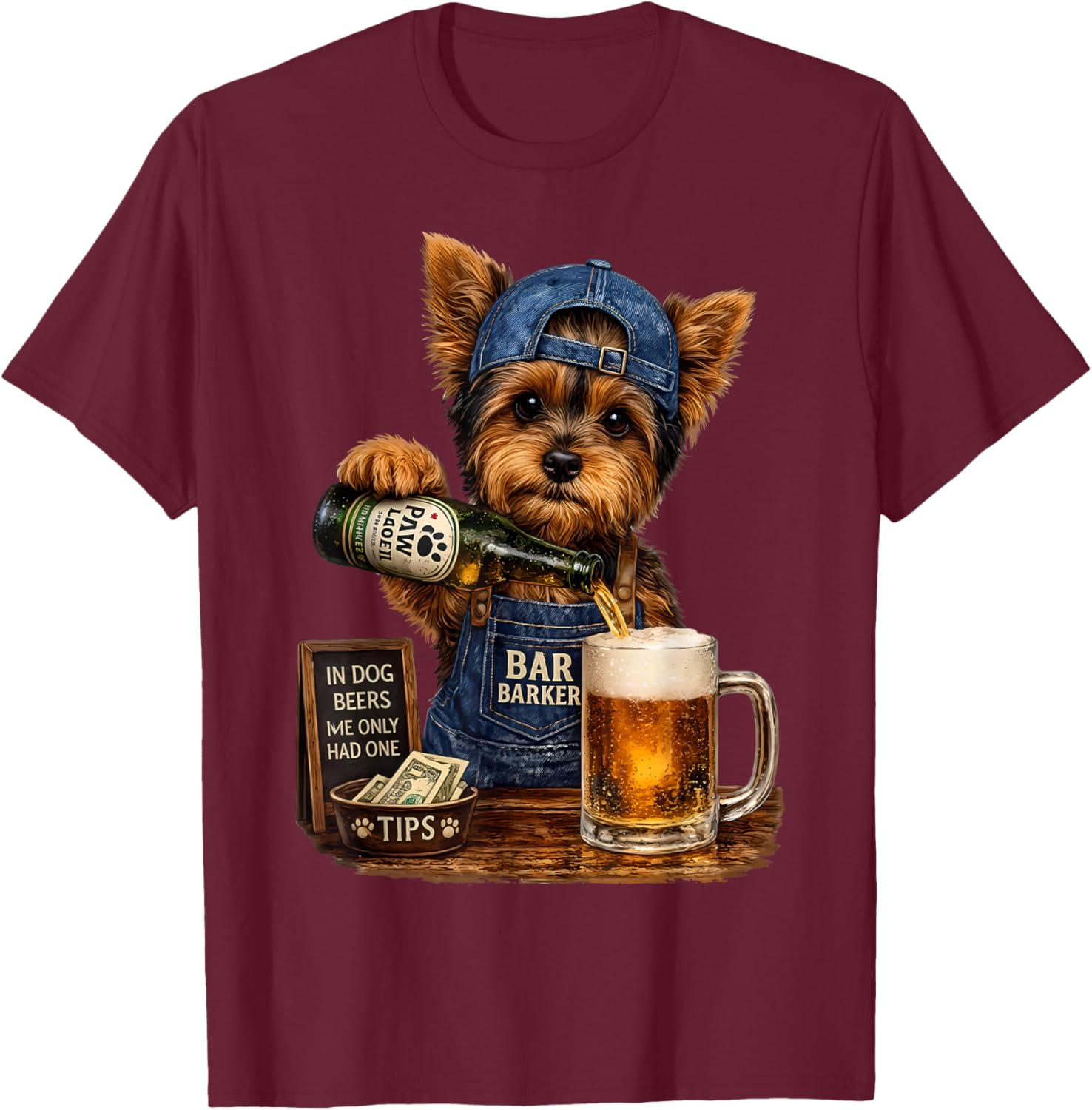 Yorkie Drinking Beer Funny Dog Meme T-Shirt - T-Shirt | Maroon