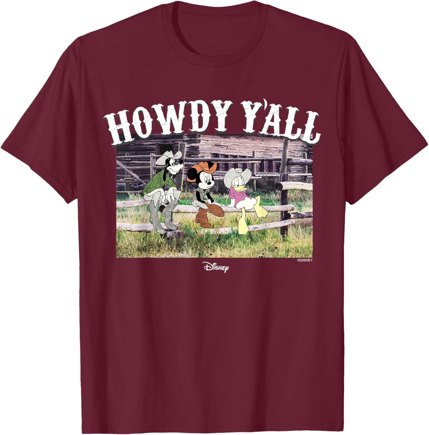 Disney Mickey and Friends Goofy Daisy Howdy Y'all Western T-Shirt - T-Shirt | Maroon