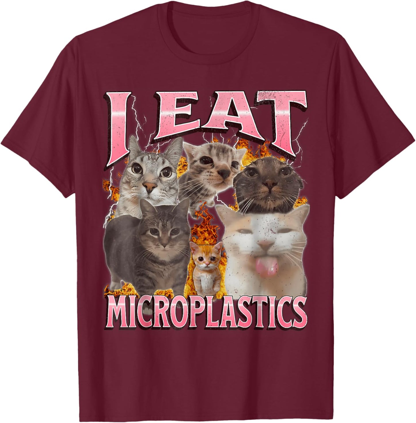 I Eat Microplastics Funny Cat Meme Bootleg Graphic T-Shirt - T-Shirt | Maroon
