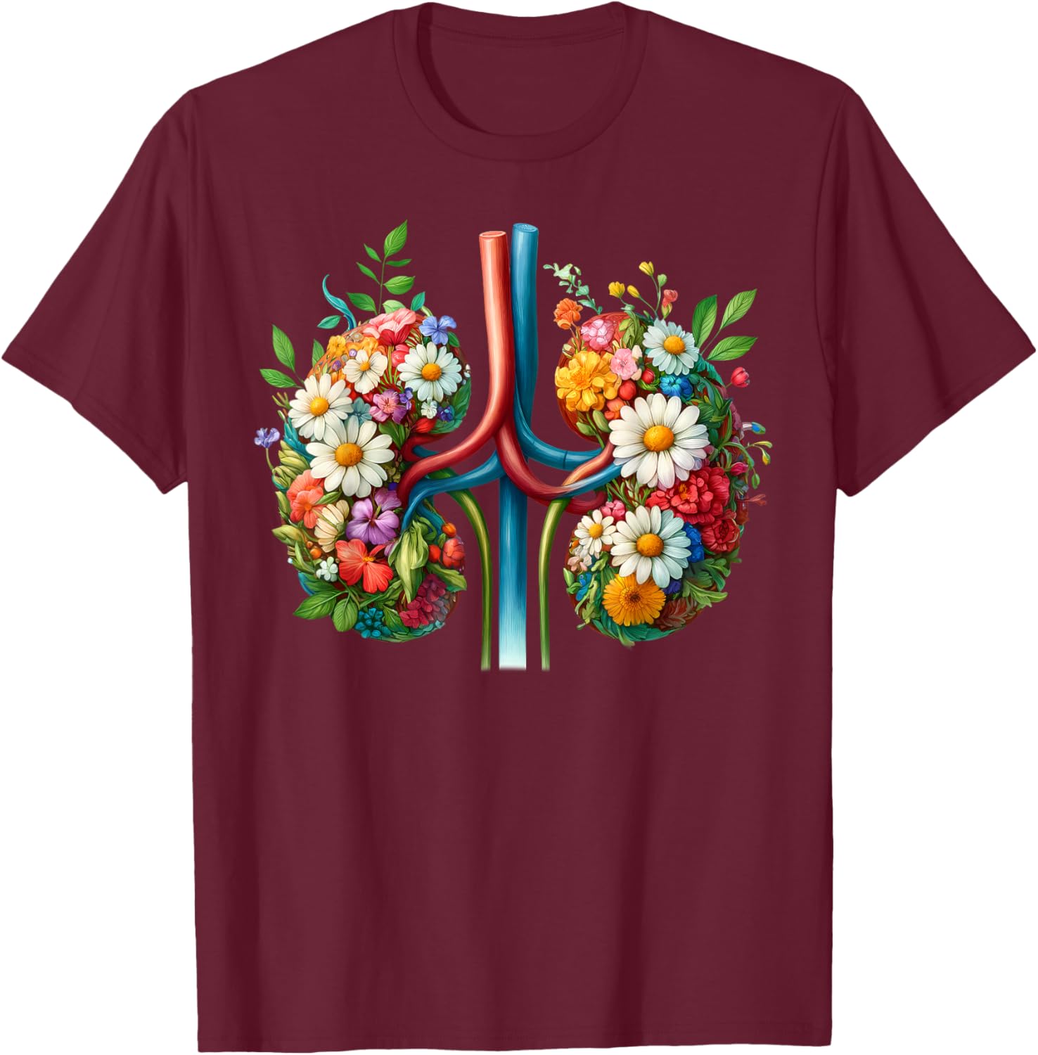 Floral Kidney Anatomy Medical Art Flower Kidney Surgery , black, S T-Shirt - T-Shirt | Maroon