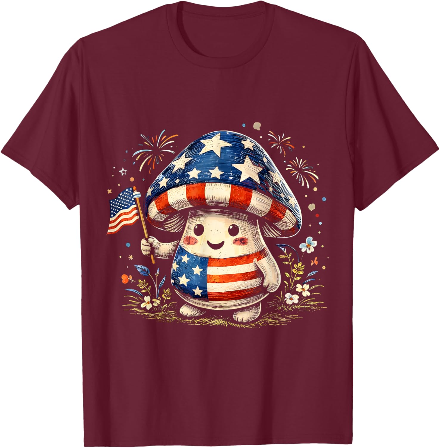 Fourth of July Patriotic American Flag Mushrooms T-Shirt - T-Shirt | Maroon
